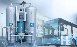 A composite image of a hydrogen tank and hydrogen bus at a bus depot