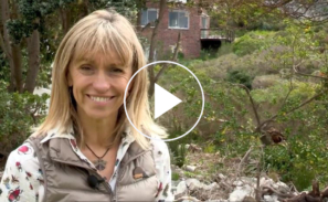 This image shows a preview of the 'Improving biodiversity' video and includes a still shot of presenter Michaela Strachan. There is a white play button in the middle ready to be clicked to launch the video.
