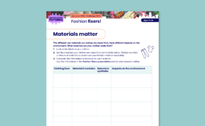 A preview of the 'Fashion fixers' materials matter activity sheet for 11-14 year olds