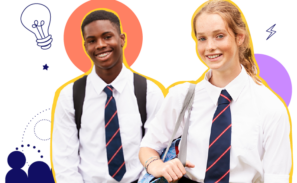 Two students in uniforms looking at the camera, both the girl and boy are smiling. In the background are doodles of lightening and a lightbulb