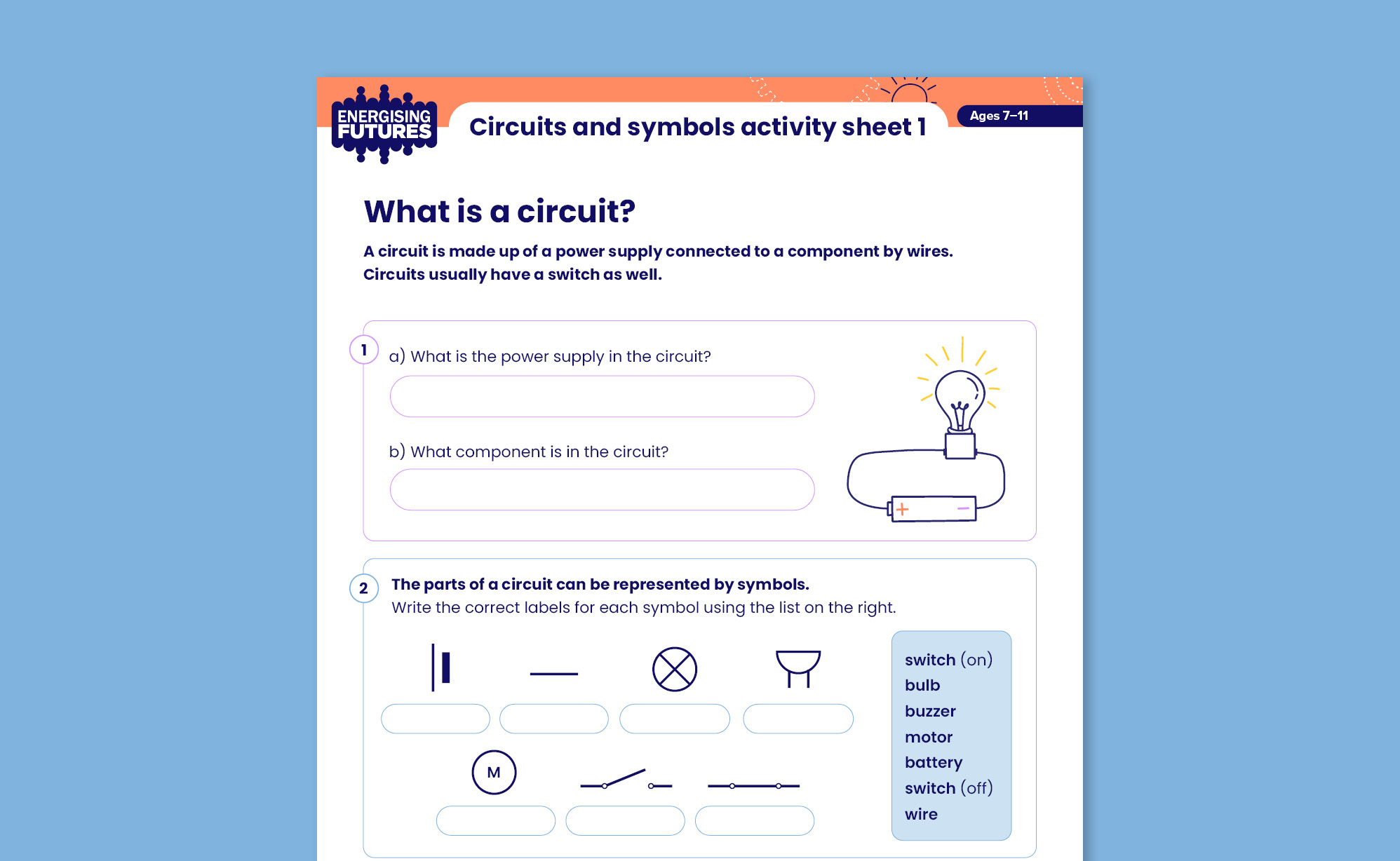 Circuits and symbols activity sheet 1 | Energising Futures