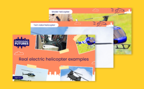 A preview of three slides from the 'Real electric helicopters' powerpoint presentation