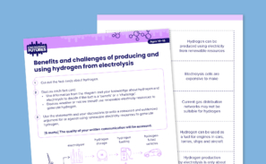 A preview of the benefits and challenges of producing and using hydrogen worksheet. This image shows a preview of both pages of this worksheet.