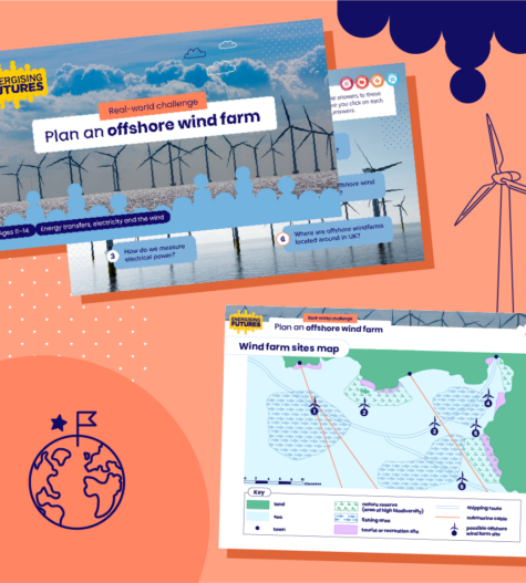 A preview of real-world challenge resources with the real-world challenge icon in the bottom left and a doodle of a wind turbine
