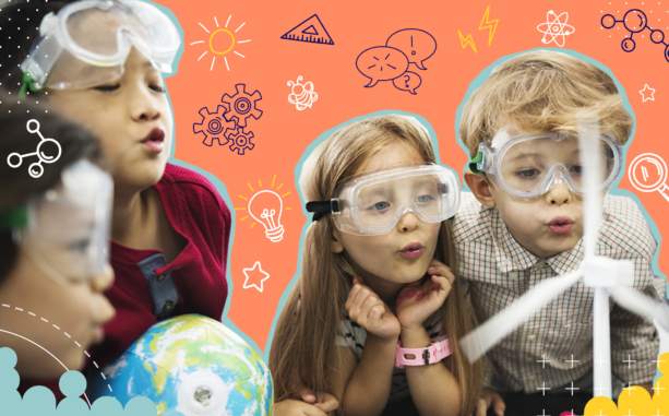 An image showing children in the classroom engaging in fun science activities, wearing googles and playing with a globe and mini wind turbine.