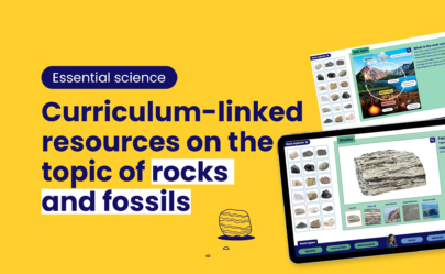 An explainer image showing what's in the essential science range of resources with the copy 'Curriculum-linked resources on the topic of rocks and fossils'.