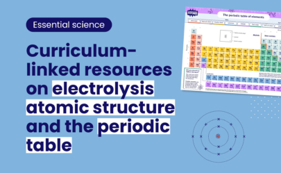 An explainer image showing what's in the essential science range of resources with the copy 'Curriculum-linked resources on electrolysis, atomic structure and the periodic table.'