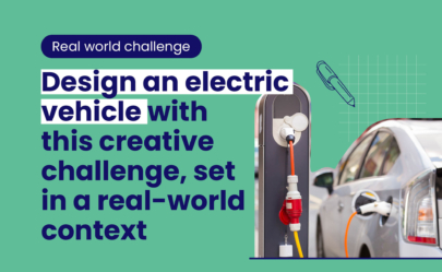 An explainer image showing what's in the real-world challenge range of content with the copy 'Design an electric vehicle with this creative challenge, set in a real-world context'.