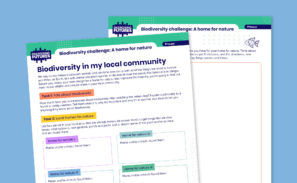 Overview image of the biodiversity challenge 'My local community' activity sheet. This preview shows two pages of the sheet on a blue background.