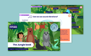 Overview image of three slides from 'The jungle book' science in stories presentation.